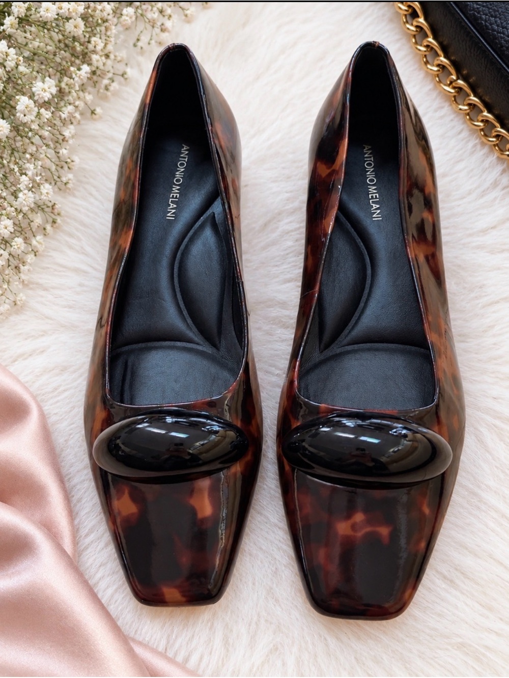 ANTONIO MELANI Tortoiseshell Patent Loafers with Black Accent